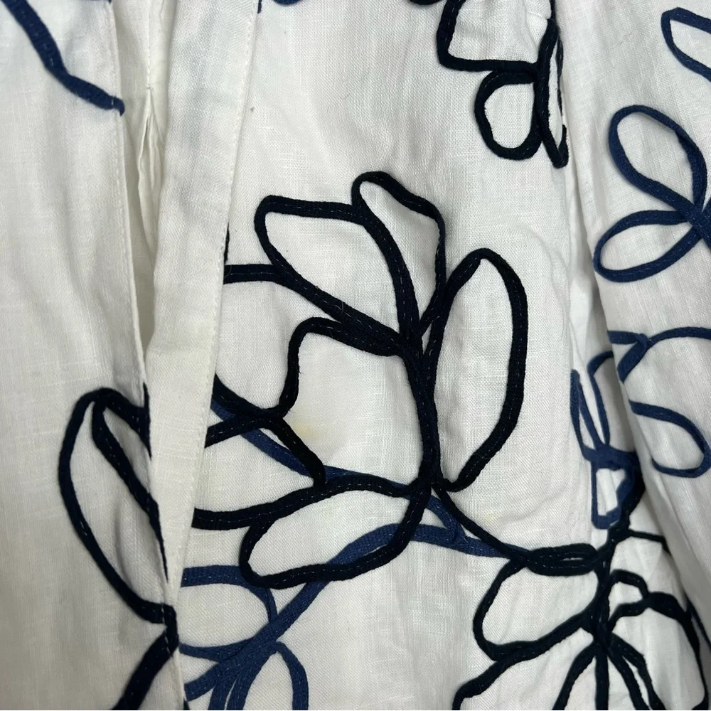Coldwater Creek White Linen Open Jacket Black Embroidery Long Sleeve Hemstitched